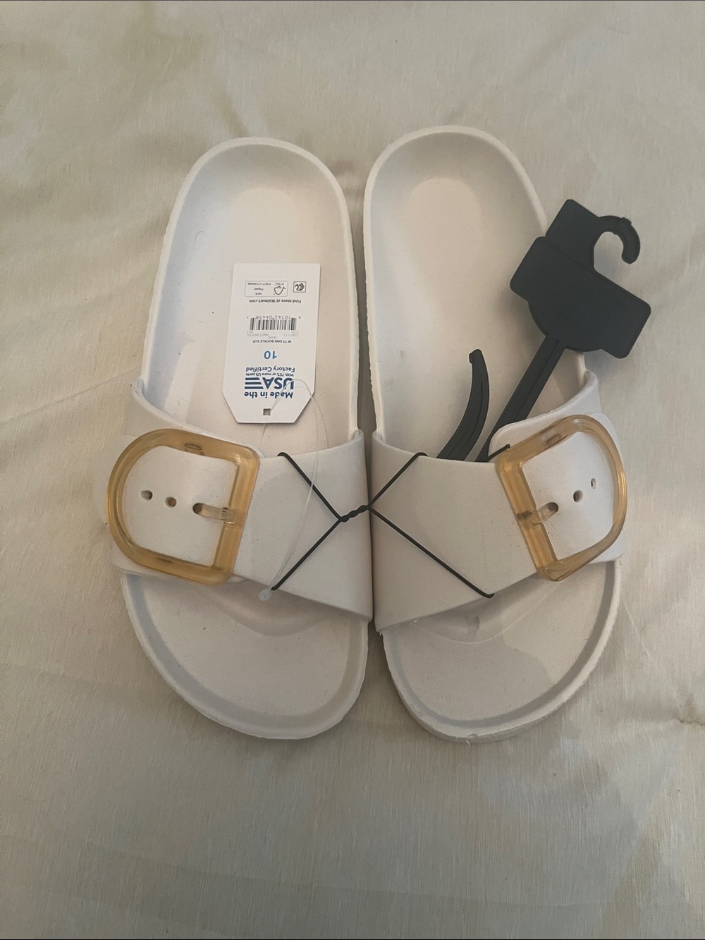 Time and Tru White Slide Sandals with Amber Buckles